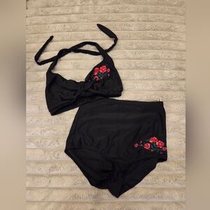 Black Bikini Set with Red Floral Embroidery